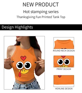 Thanksgiving cartoon turkey print crop tank top detail view showing neck and hemlines.
