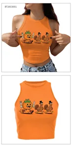 Canotta corta all'americana arancione con stampa tacchino zucca del Ringraziamento donna.