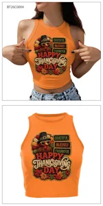 Canotta crop top arancione con stampa tacchino del Ringraziamento, top estivo senza maniche.