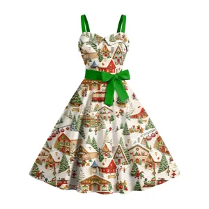 Robe évasée vintage de Noël sans manches avec nœud vert à la taille, style de fête.