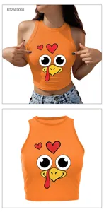 Women Thanksgiving turkey print crop tank top casual cute sleeveless orange slim shirt