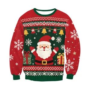 Christmas Santa Claus 3D printed ugly sweater, red green winter long sleeve crewneck pullover.