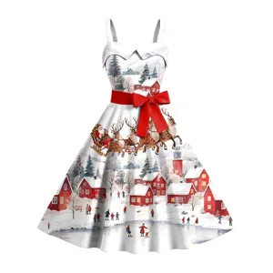 Robe trapèze vintage à bretelles Noël pour femmes impression numérique neige hiver
