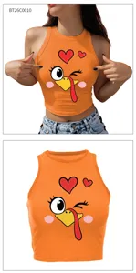 Women thanksgiving turkey print crop tank top orange cute sleeveless racerback summer shirt