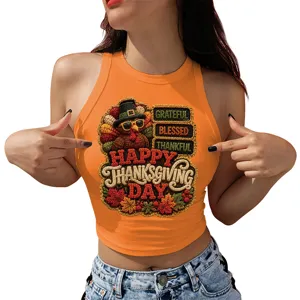 Donna Thanksgiving tacchino stampa crop top senza maniche arancione estate casual canotta