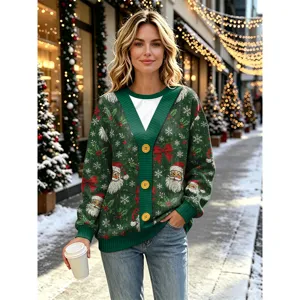 Christmas cardigan for women green Santa Claus print knit sweater winter holiday party top