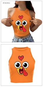 Cute Thanksgiving turkey print crop top, orange sleeveless tank top for women sexy streetwear.