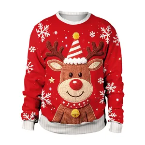 Festive red Christmas sweater with 3D knit reindeer and snowflakes for winter holiday parties.