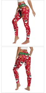 Christmas digital print high waist leggings for women featuring cute santa and reindeer patterns.