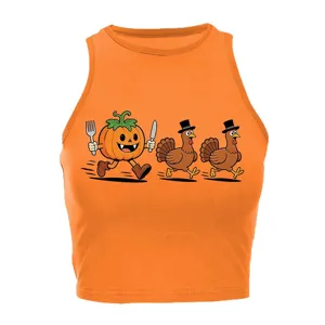 Top corto halter con grafica di zucca e tacchino di Thanksgiving donna arancione