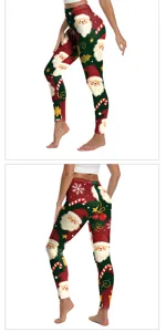 Close-up detail of festive Christmas print leggings, high waist design with Santa motifs.