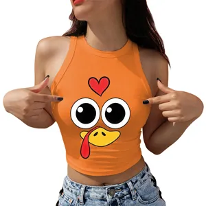 Women Thanksgiving Cartoon Turkey Print Crop Tank Top Sexy Casual Halter Summer Vest