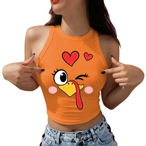 Women Thanksgiving Cartoon Turkey Print Crop Tank Top Sexy Summer Halter Racerback Vest