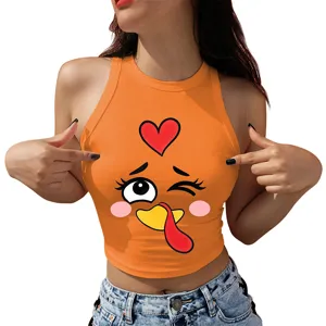 Women Thanksgiving Cute Turkey Print Crop Tank Top Casual Sleeveless Halter Racerback Vest