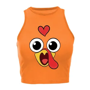 Women Thanksgiving Cute Turkey Print Crop Tank Top Casual Orange Summer Sleeveless
