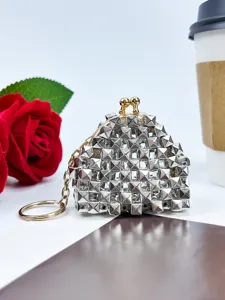 Silver studded coin purse vintage kiss lock mini keychain wallet handbag charm accessory