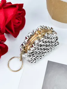 Punk silver studded mini kiss-lock coin purse keychain. Retro metallic wallet pendant.