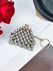 Chic silver studded mini coin purse keychain, punk style metal rivet kiss lock bag pendant