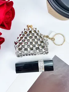 Punk silver studded coin purse with kiss lock and keychain, trendy mini vintage wallet.
