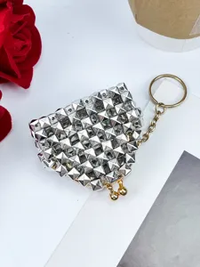 Punk silver studded coin purse mini vintage kiss-lock wallet with key ring keychain charm.