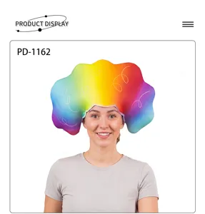 Detail view of the colorful rainbow sponge novelty wig hat, showcasing fluffy cloud wavy texture.