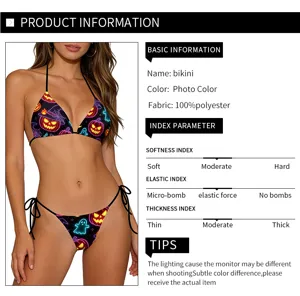 Dettaglio bikini donna stampa zucca neon Halloween con lacci regolabili tessuto morbido.