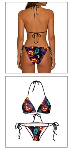 Dettagli del top bikini con stampa di zucca di Halloween e slip da bagno.