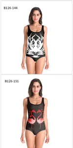 Printed one-piece swimsuit details and variant display for beach and hot spring vacation.
