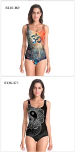 Detail view of printed one-piece swimsuit with mandala print and slim fit design.