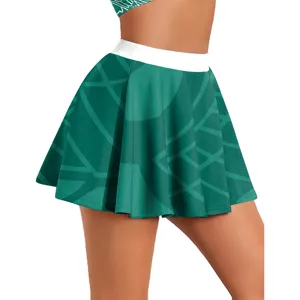 Πράσινη πλισέ φούστα και crop top σετ για γυναίκες, κομψό γεωμετρικό μοτίβο με λευκή ζώνη.
