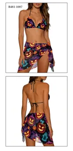 Set bikini con teschio di zucca di Halloween con spalline e gonna da spiaggia per donne.