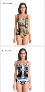 Printed one-piece swimsuit featuring vintage poster and skeleton graphic designs for women beach.