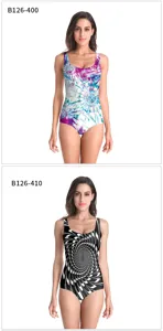 Women one-piece swimsuit featuring stylish tie-dye and geometric spiral print for beach.