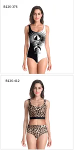 Stylish women swimwear set featuring printed one-piece and leopard bikini for beach trip.