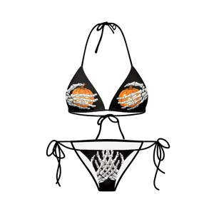 Completo bikini con stampa scheletro e zucca di Halloween da donna, costume da bagno.