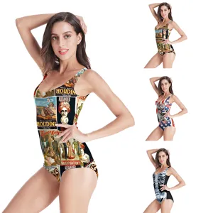 Women vintage poster print one piece swimsuit sexy slim fit beach vacation resort swimwear.
