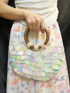 Women Fashion Iridescent Sequin Evening Handbag Hand-Woven Shell Shape Shoulder Bag With Round Wooden Handle Party Prom