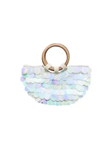 Close-up detail of the stunning iridescent sequin half-moon handbag with a chic wooden ring handle.