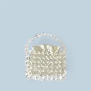 Borsa a mano in perle acriliche trasparenti con pochette in satin, mini borsa intrecciata chic.