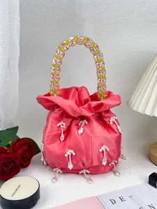 Sac Seau en Satin Mode pour Femme Poignée Perlée Fait Main Pendentif Fausse Perle Sac à Main de Soirée Sac de Voyage Décontracté