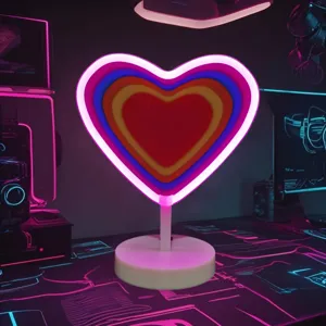 Lampada al neon a cuore LED con base bianca, lampada atmosfera da scrivania per camera cyberpunk.