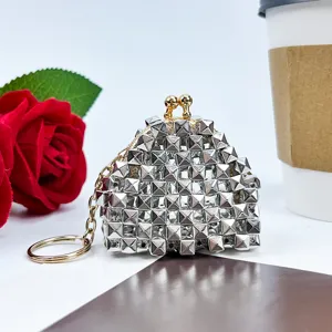 Punk Style Silver Rivet Coin Purse Vintage Kiss-Lock Key Chain Mini Bag Charm Women Fashion Wallet Pendant