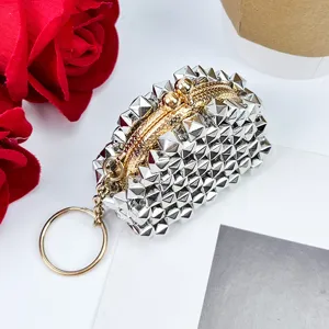 Punk silver rivet coin purse, retro kiss-lock change wallet with keychain pendant.