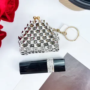 Silver punk studded coin purse retro kiss lock keychain mini bag charm for women stylish