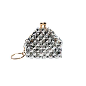 Silver punk style mini kiss-lock coin purse with metal pyramid studs and keychain pendant.
