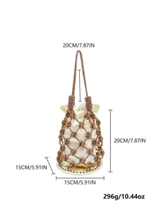 Sac seau en résille strassée élégant avec pochette intérieure en satin, design tissé.