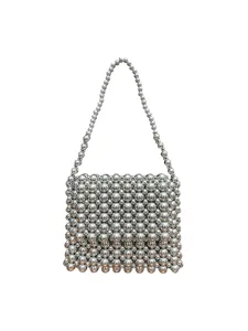 Silver metallic beaded mini handbag, French style woven shoulder bag for summer fashion.