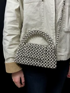 Silberne Perlen Handtasche Handgemachte Acryl Abend Umhängetasche für Damen Party