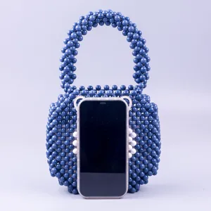 Sac à main artisanal en perles acryliques bleues avec motif des yeux, fourre-tout tendance