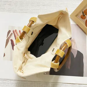 Chic beige canvas handbag featuring stylish wooden handles and vibrant beaded accents for summer.